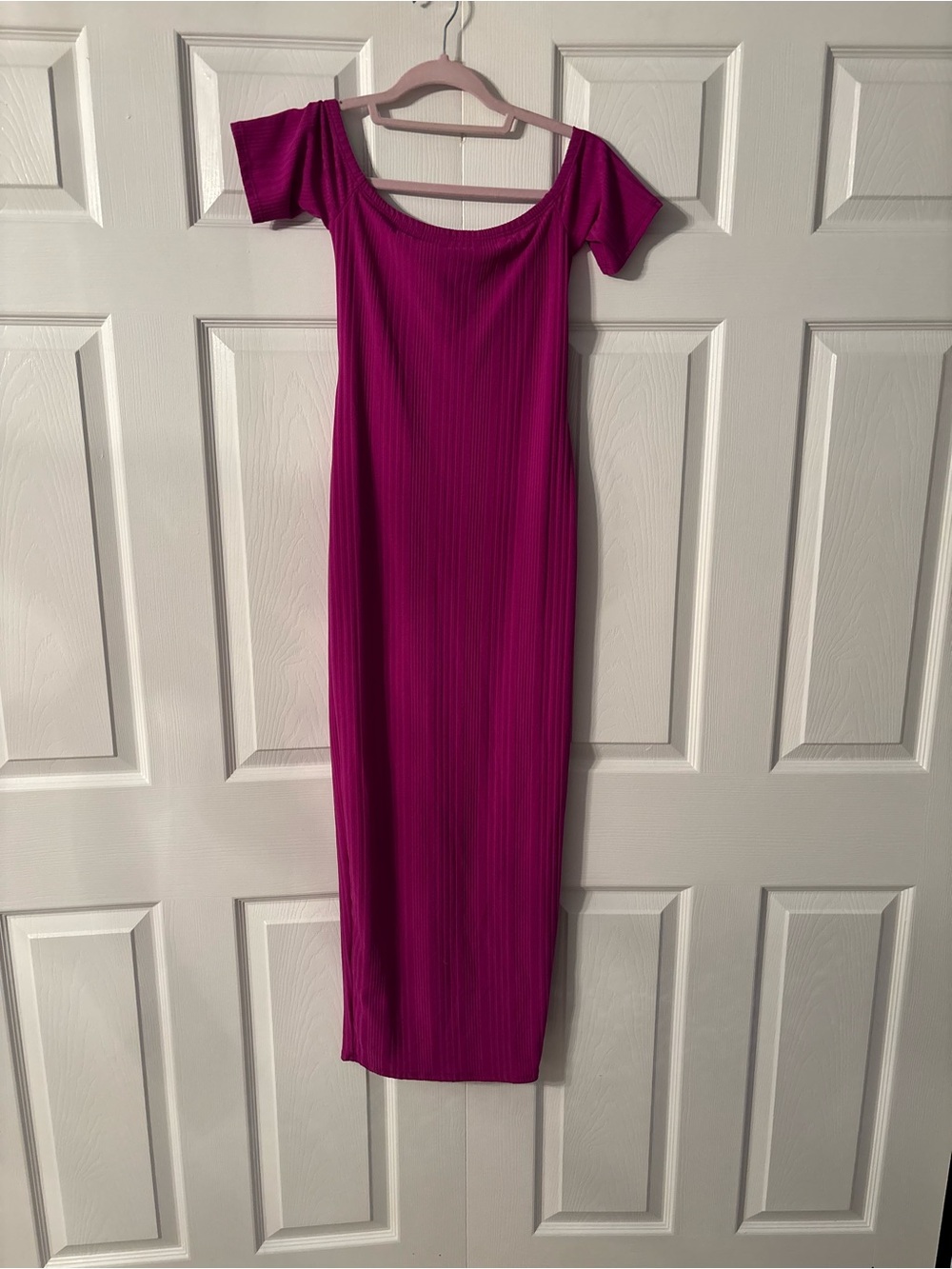 Fashion Nova Off-Shoulder Ribbed Midi Dress in Fuchsia